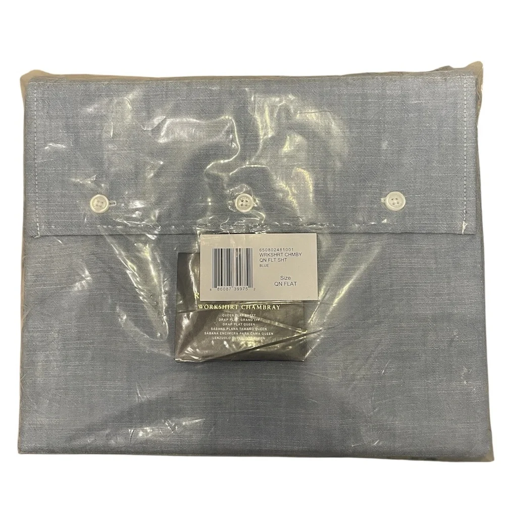 Ralph Lauren Queen Flat Sheet Workshirt Chambray in Blue NEW MSRP $215